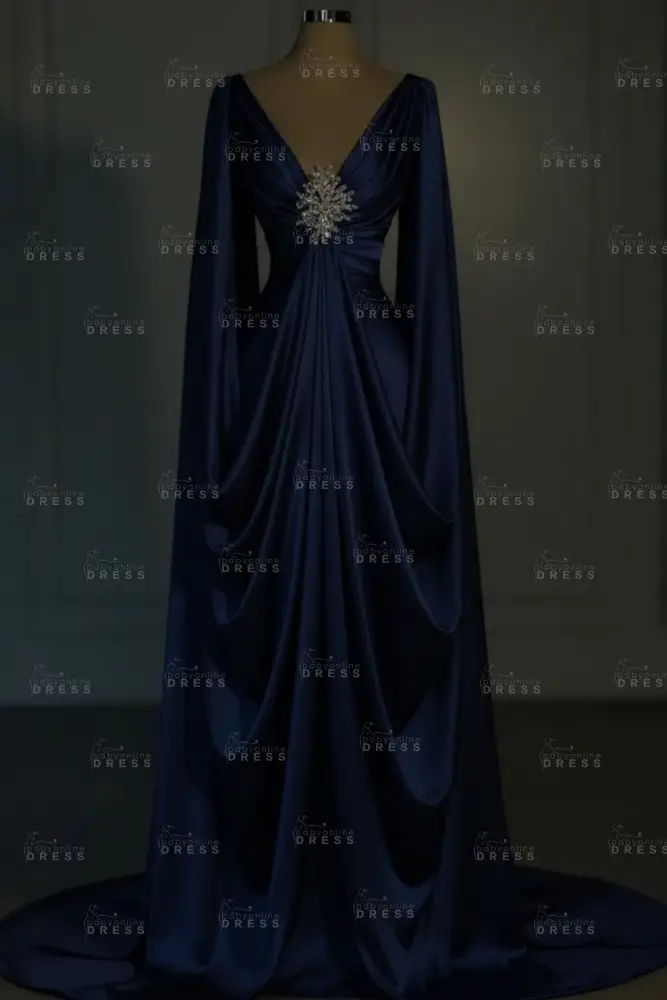Long sleeves V-neck Satin Ruffles Mermaid Prom Dresses Floor-Length