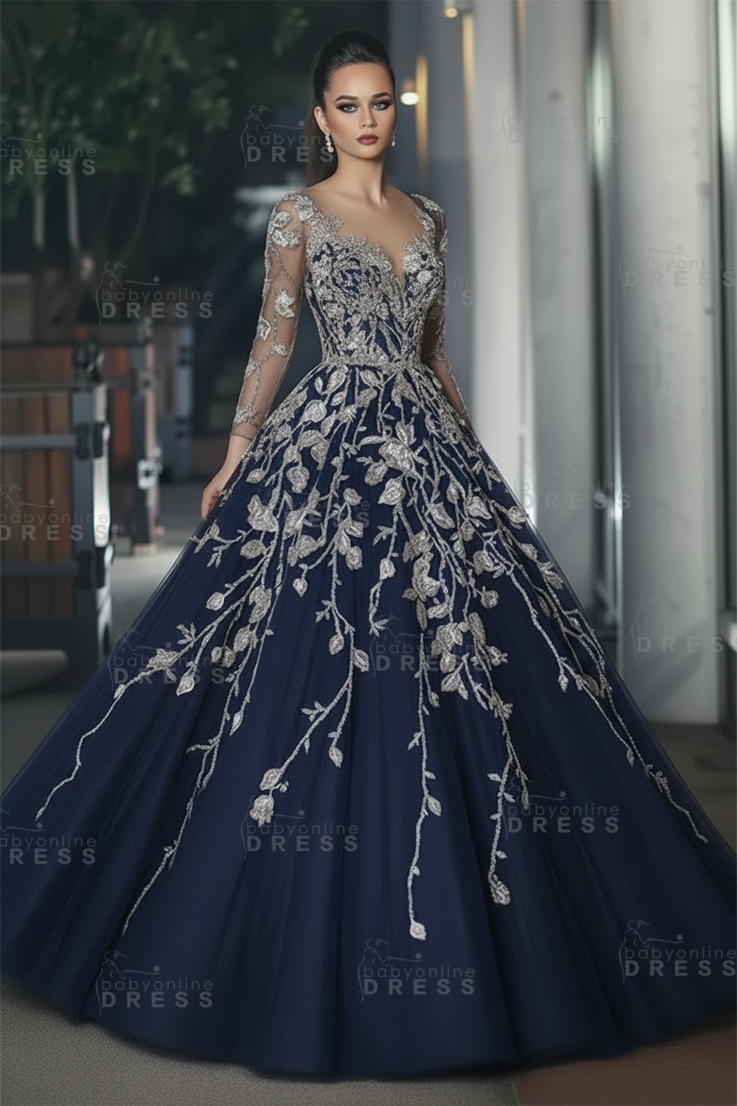 Stunning Illusion Long Sleeve Sexy Evening Gowns | A-line Lace Appliques Tulle Prom Dress