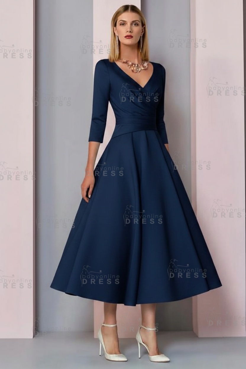 Half Sleeves White Ankle Length Mother of the Bride Dress V-Neck Satin Wedding Guest Dress