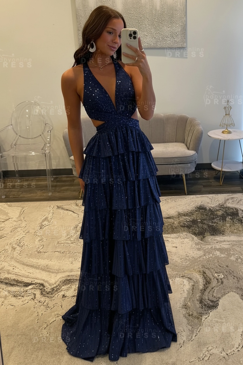 Halter Aline Prom Dress Sequined V-Neck High Split Evening Dress Long