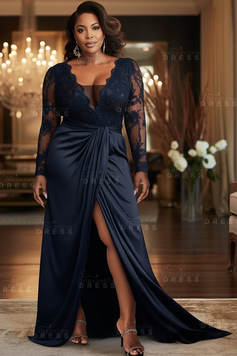 V-neck Appliques Lace Long Sleeve A-Line Prom Dresses with Slit