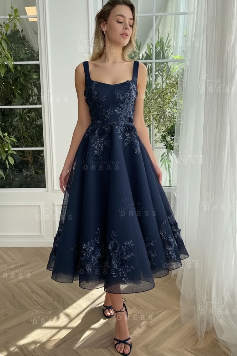 Burgundy Ankle length square neck Homecoming Dress Tulle Aline Formal Dress
