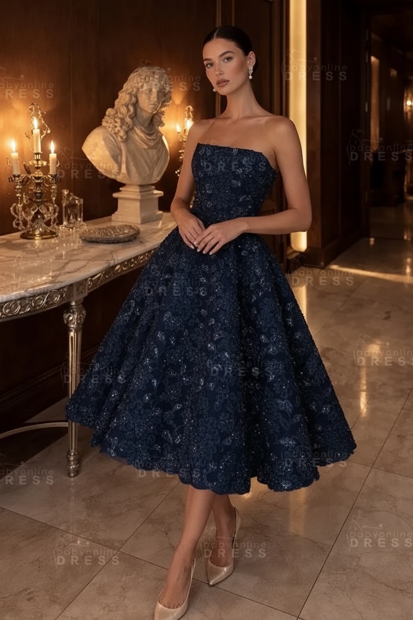 Strapless Yellow Floral A-Line Tea Length Prom Dress with Beadings