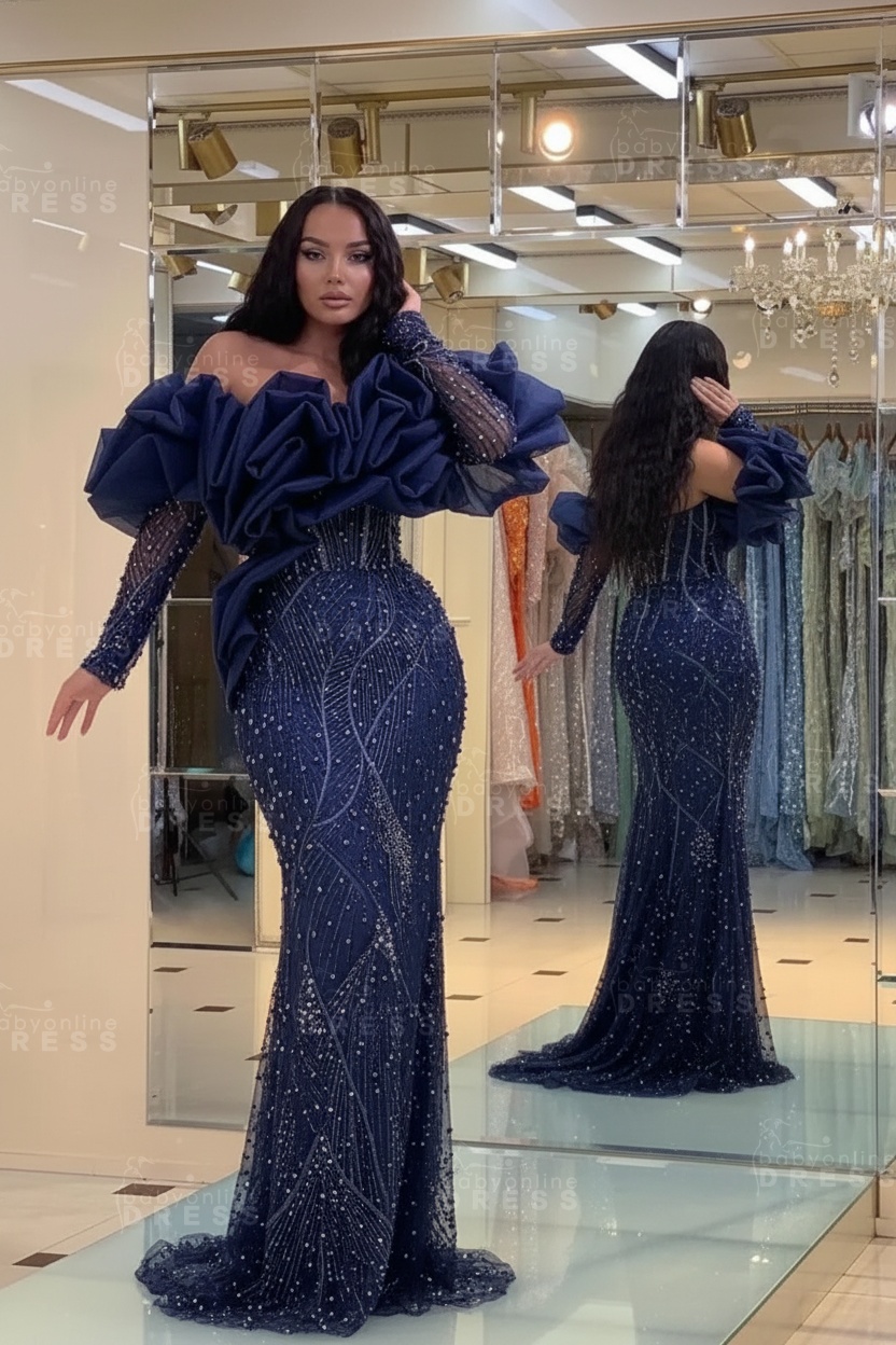 Bubble Sleeves Long Mermaid Prom Dress with Sequins and Beadings