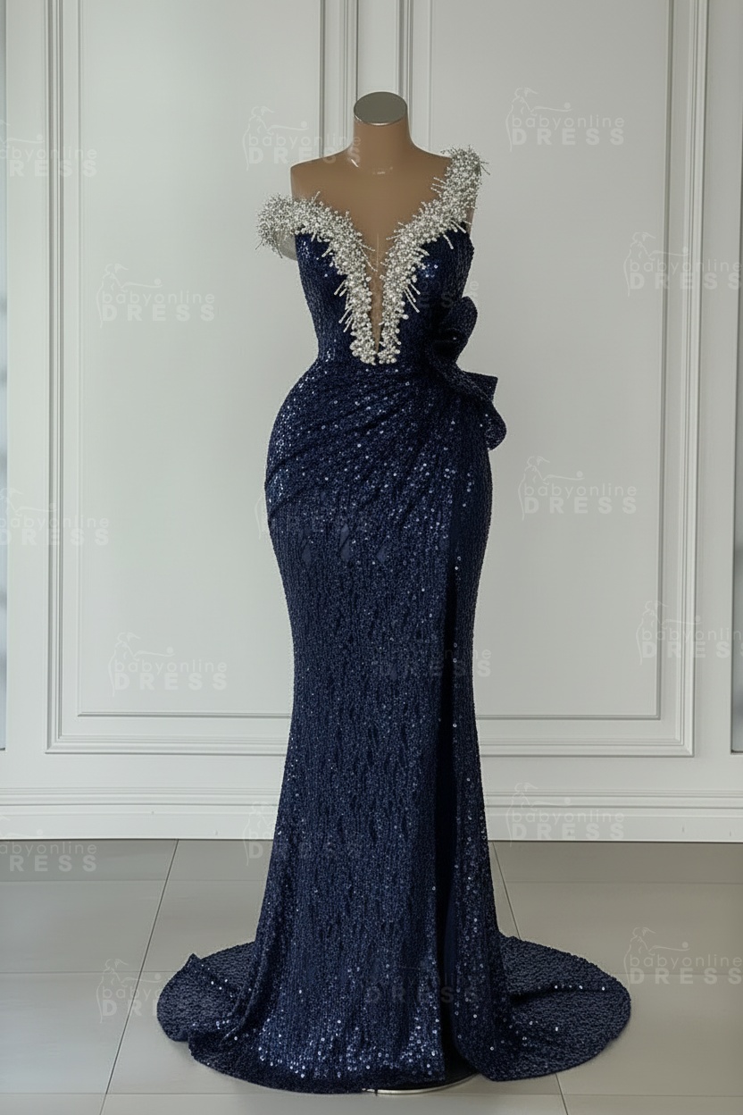 One Shoulder Sequins Sleeveless Long Mermaid Prom Dress