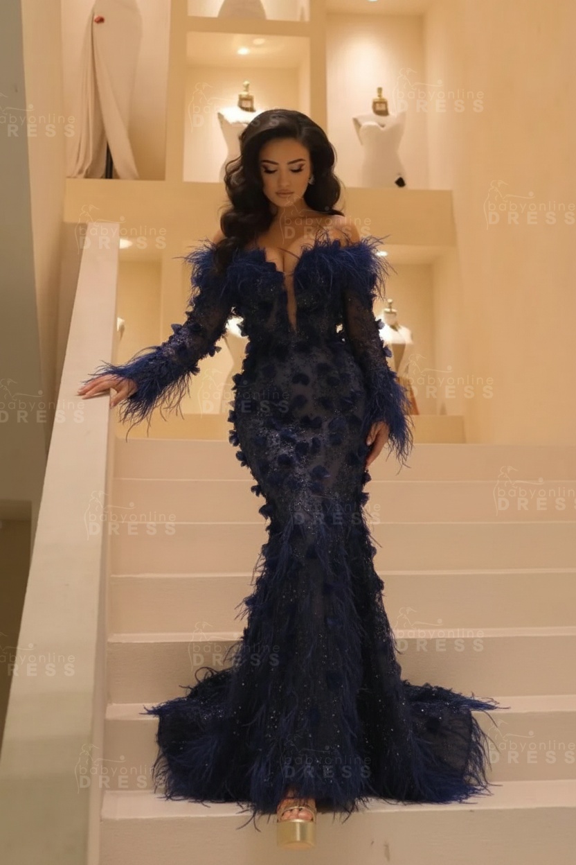 V-neck Long Sleeves Mermaid Evening Dresses Floor Length with Flowers
