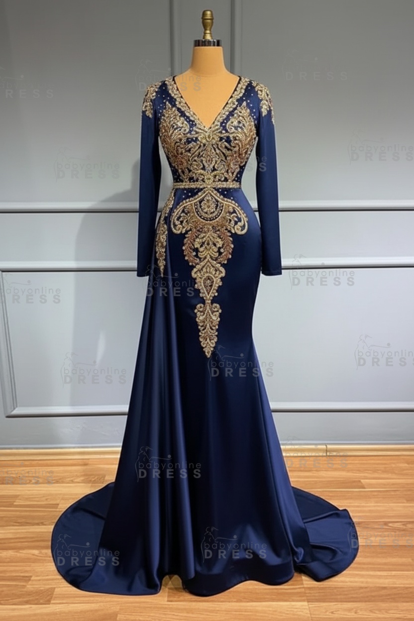 Glamorous V-Neck Long Sleeves Mermaid Prom Dress with Crystals