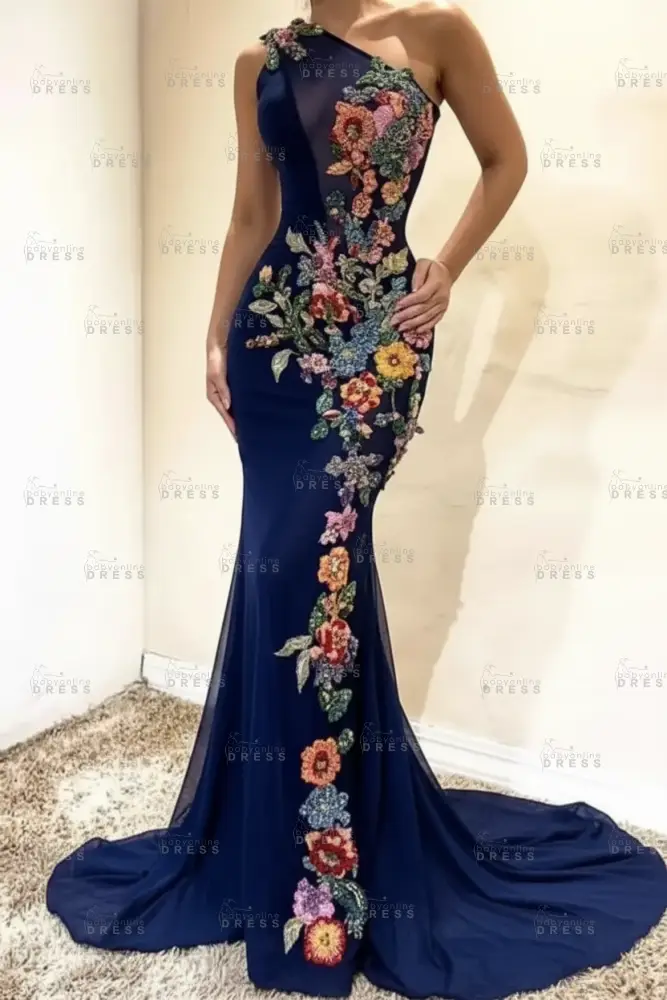 Amazing One-Shoulder Floral Pattern Beadings Floor-Length Mermaid Prom Dress 