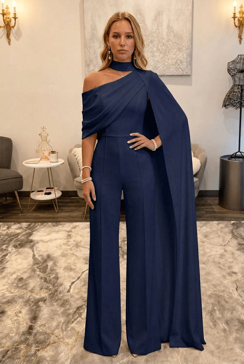 Navy Asymmetric Neck One-Shoulder Bridal Formal Jumpsuit with Sash