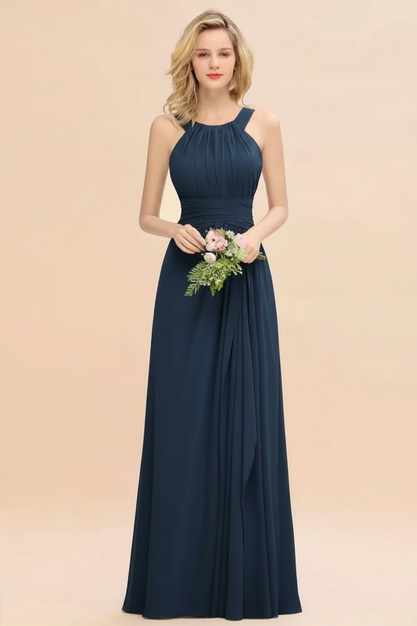 navy halter chiffon floor length bridesmaid dress