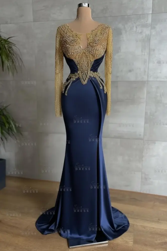 Gold Long sleeves Satin Mermaid V-neck Prom Dresses