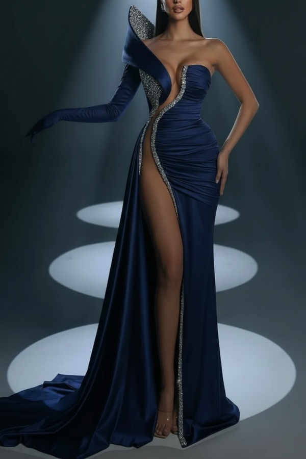 White One shoulder High Split White Court Train Prom Dresses