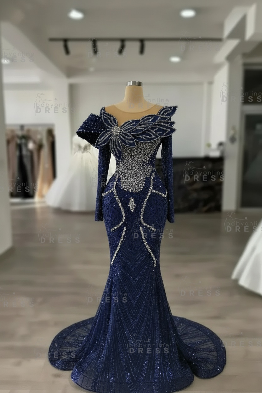 Luxury Crystals Long Sleeves Floor-Length Mermaid Prom Dress with Flowers 