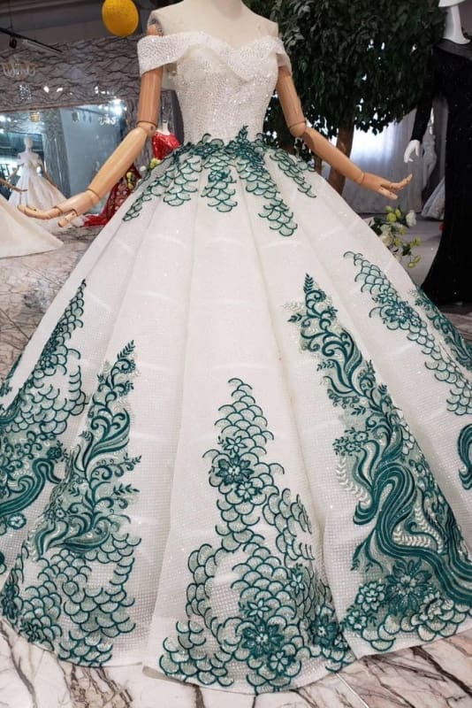 New Arrival Ball Gown Off the Shoulder Prom with Green Appliques Quinceanera Dress - Prom Dresses