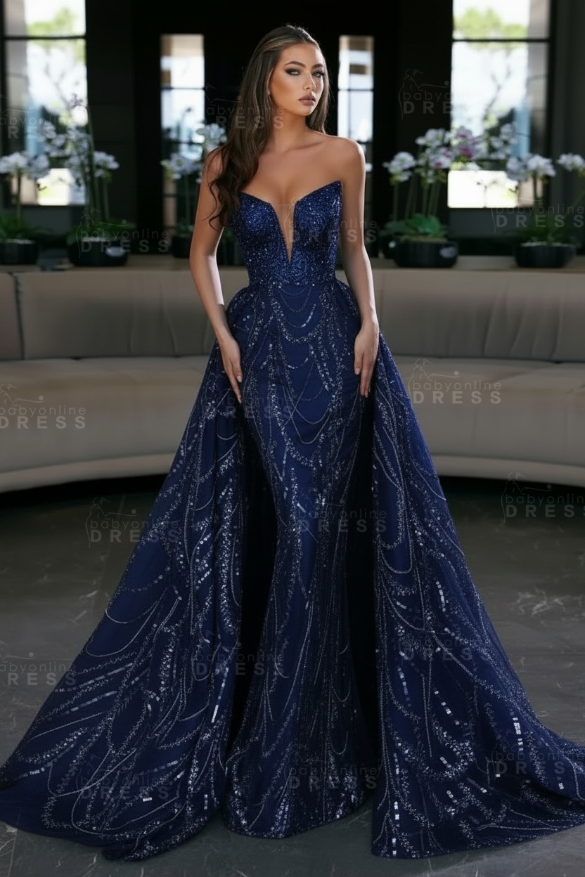 Blue Sequin Mermaid Sweetheart Prom Dresses with Overskirt