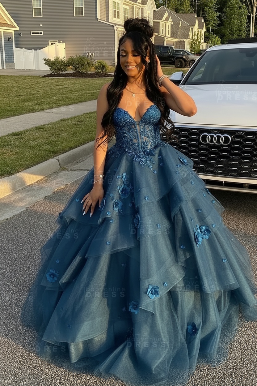 Sleeveless V-Neck Tulle Aline Prom Dress Floral Tiered Ruffles Corset Evening Dress