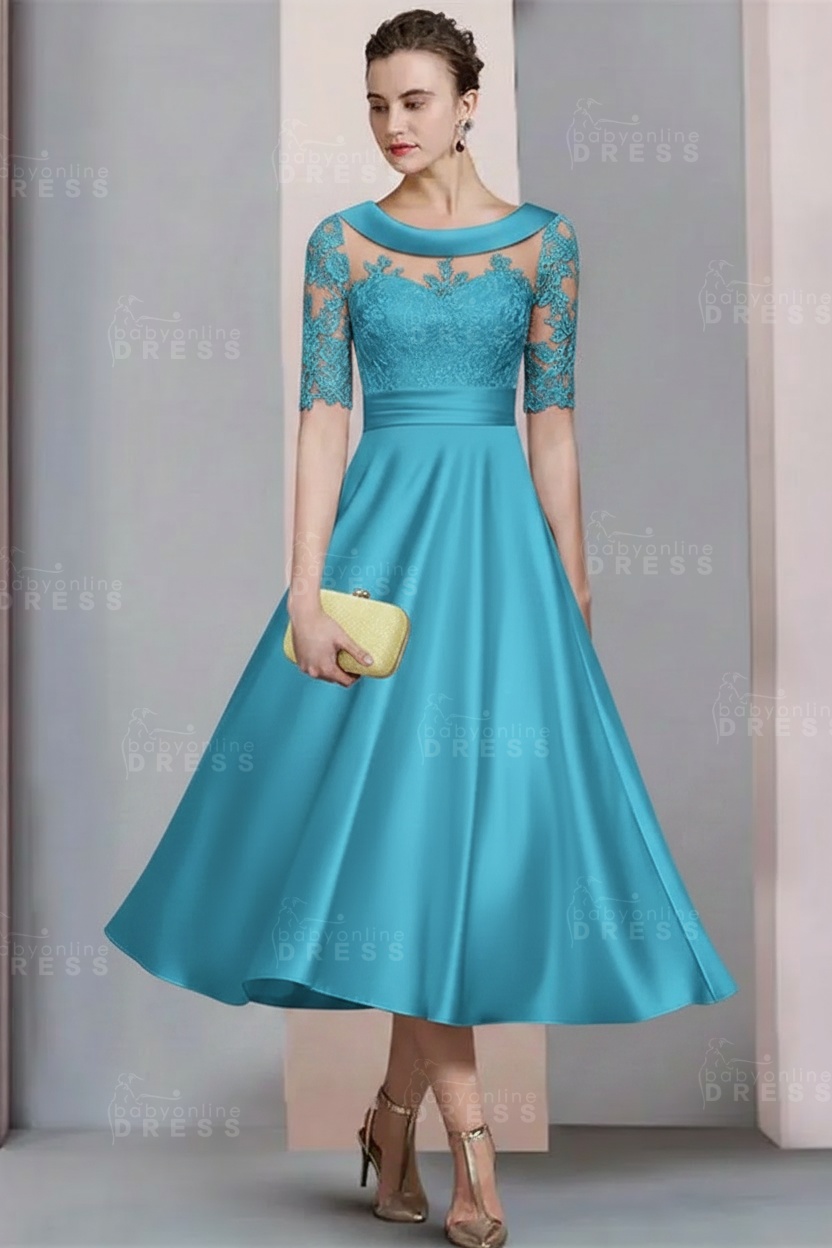 Elegant Ivory Jewel Lace Beading A-Line Tea Length Satin Wedding Guest Dress Formal Mother Dress