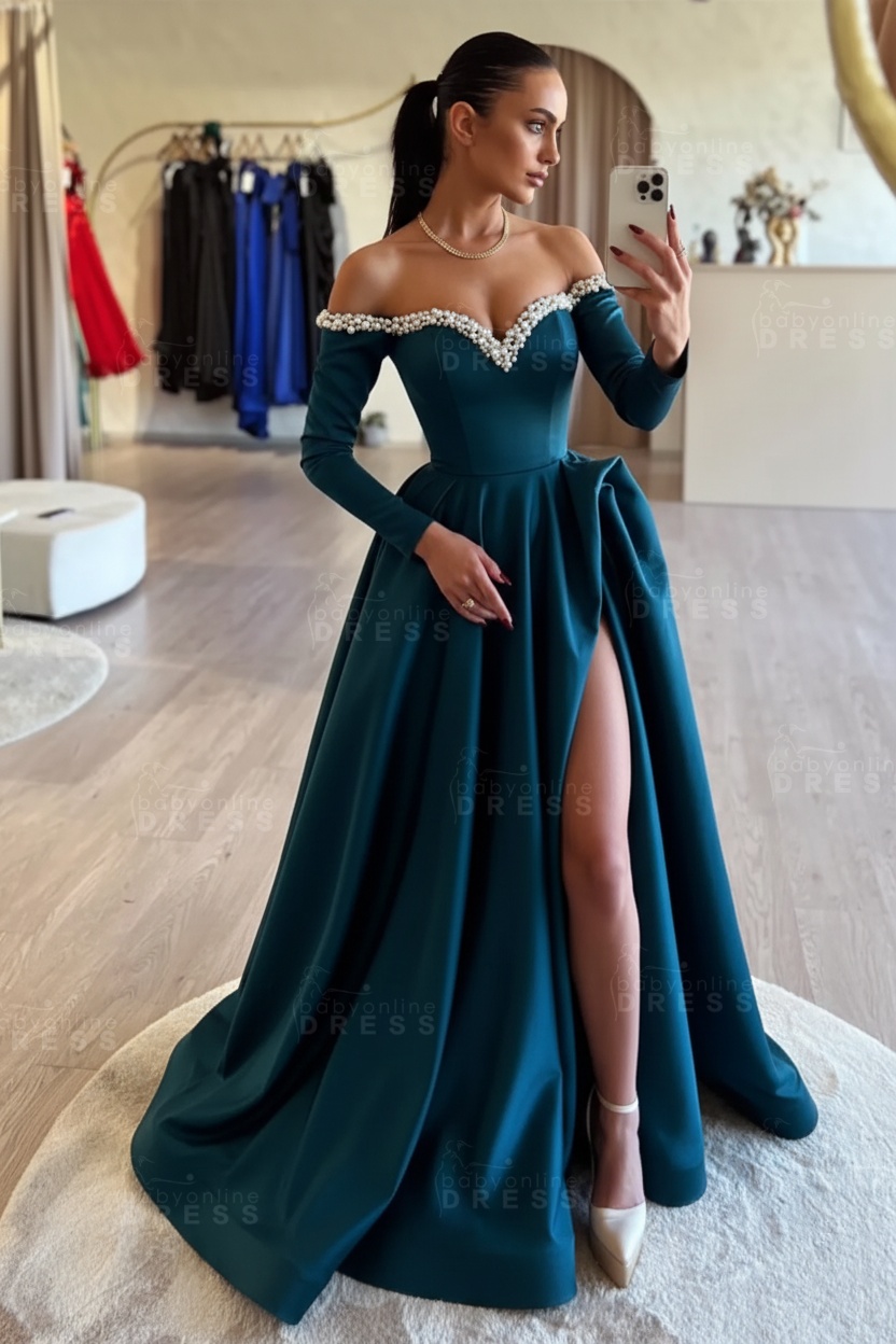Long sleeves Pearls A-line Princess Front Split Black Prom Dresses