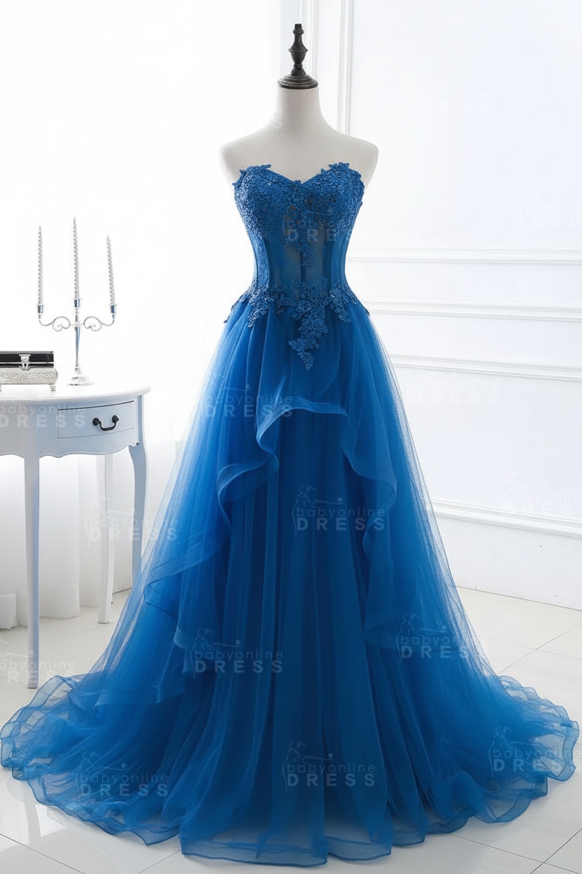 CHARLIZE |Ball Gown Sweetheart Tulle Sky Blue Prom Dress with Sequins BM0422