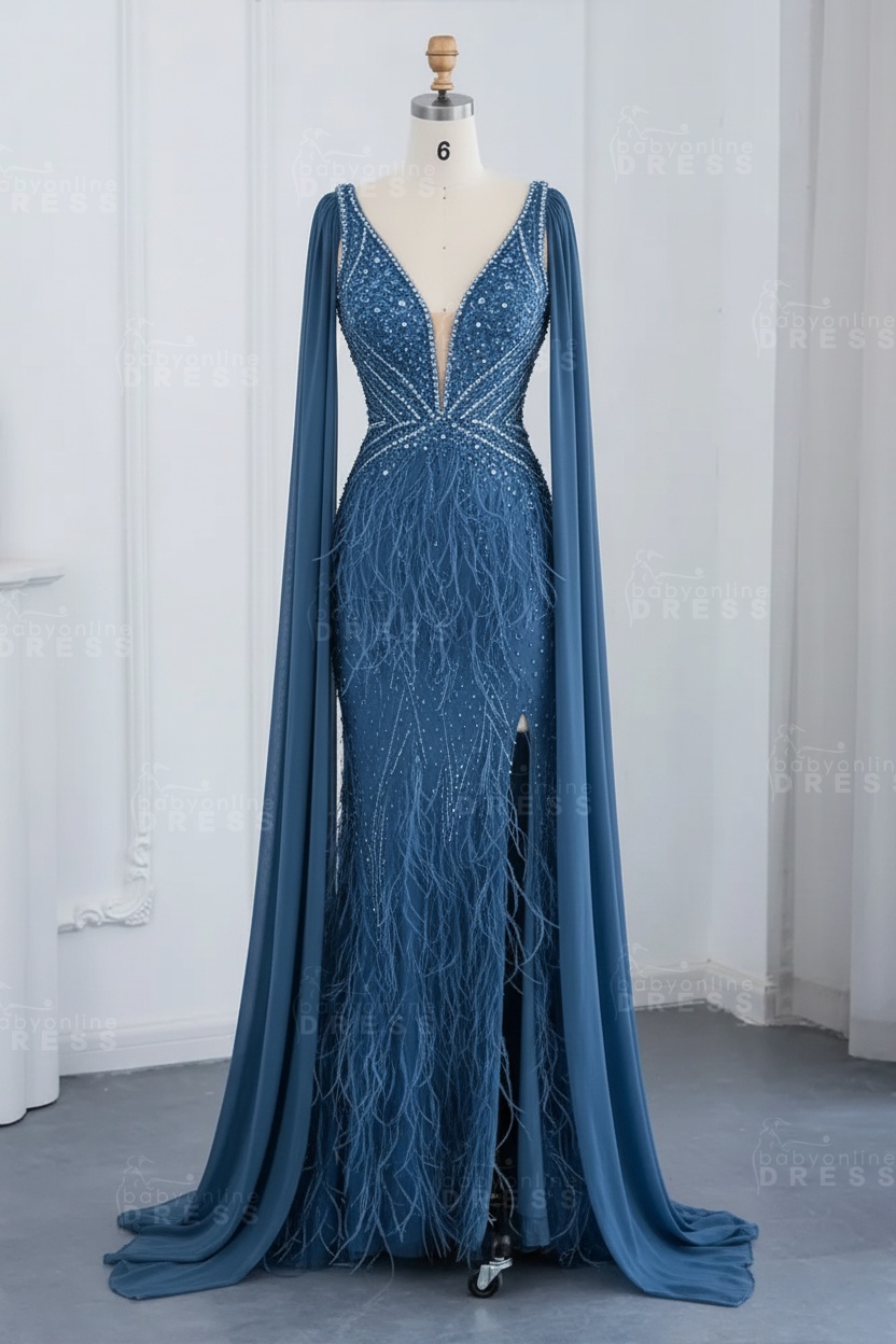 Glamorous V-Neck Fur Beadings Front Slit Mermaid Evening Gowns with Tulle with Cape Sleeves Wedding Party Dress