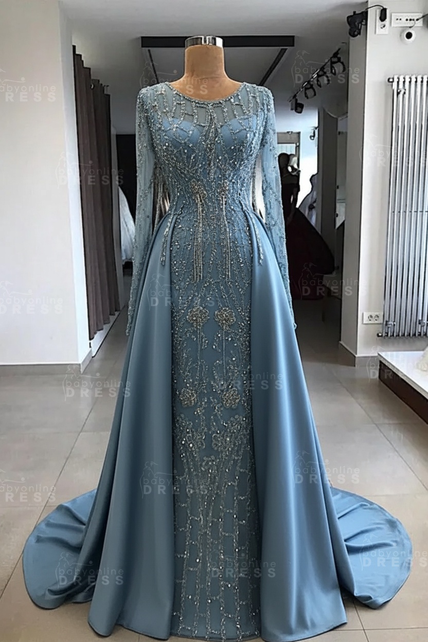 Shining Beaded Long Sleeves Round Neck Prom Dresses With Over Skirt | A Line Evening Gowns