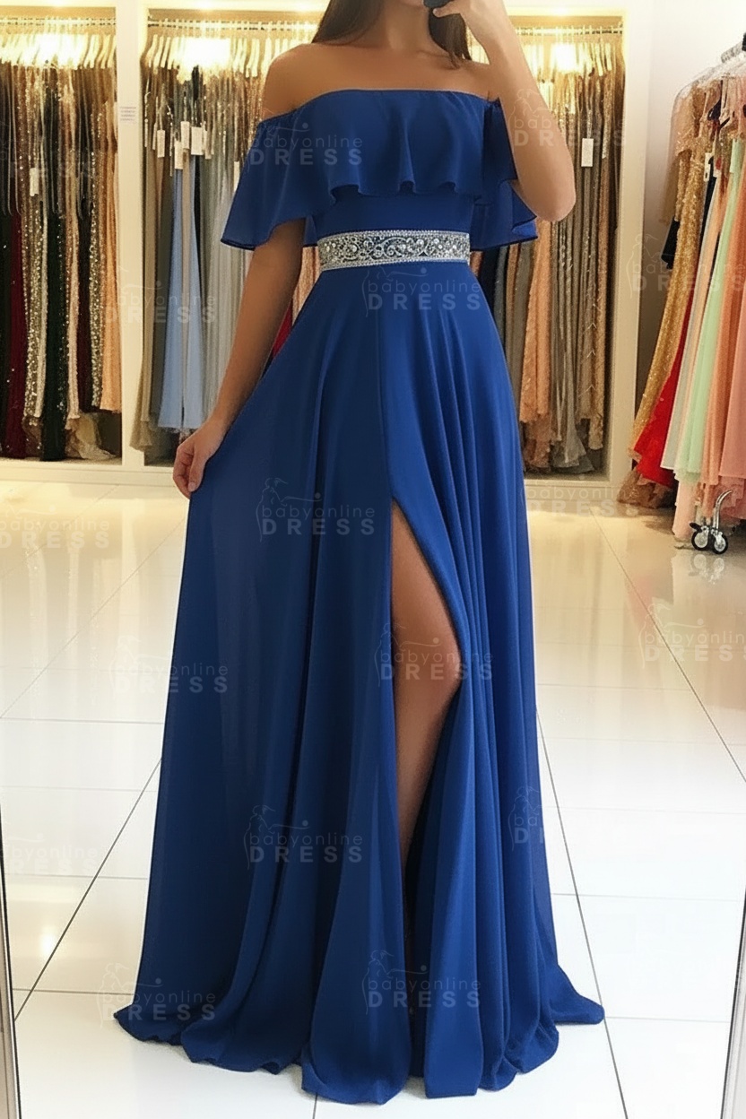 Sky Blue Off The Shoulder Evening Dresses Sexy | Chiffon Side Slit Prom Dress with Crystals Belt