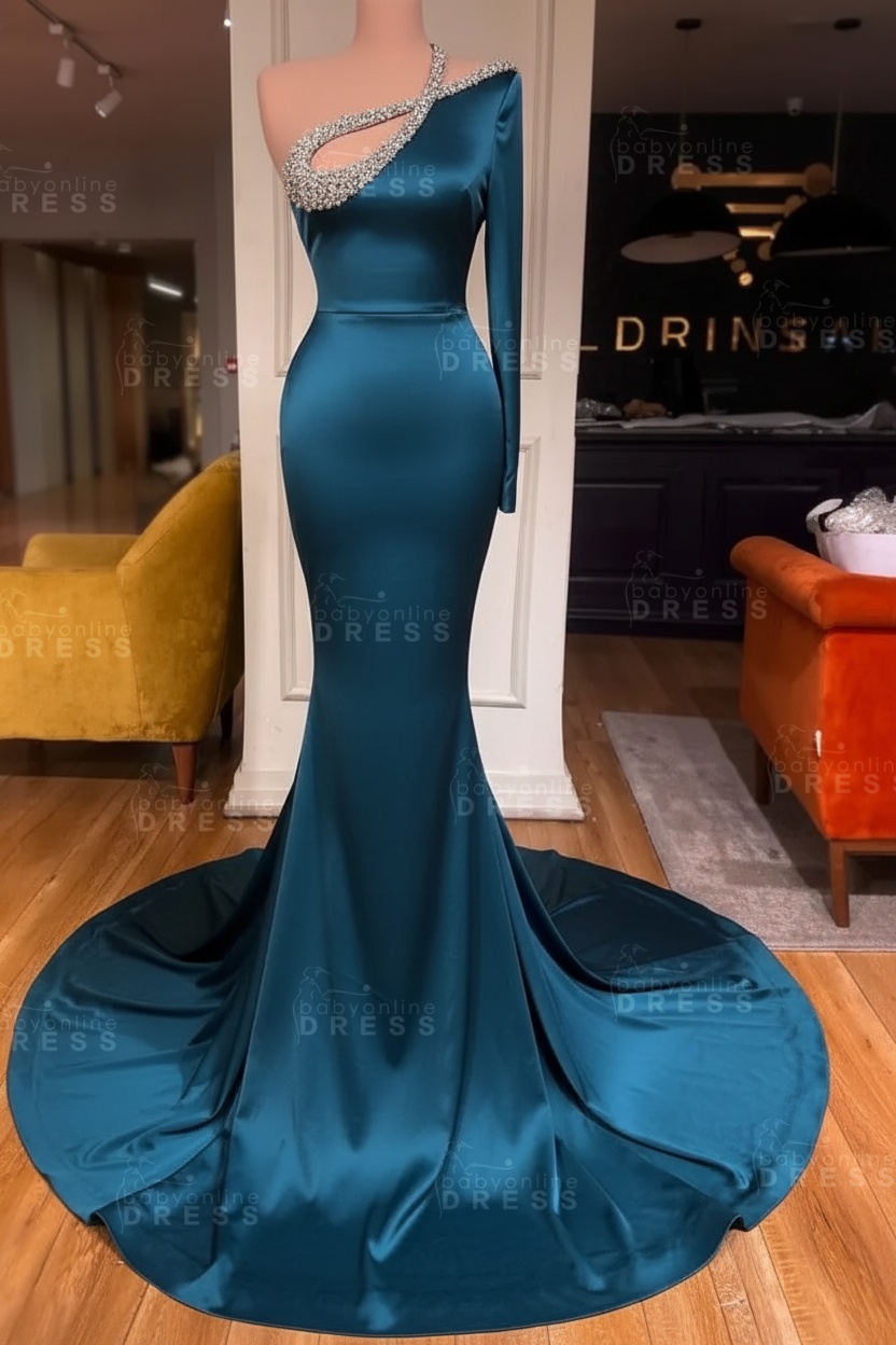 Long sleeves Beaded neckline Black Mermaid Prom Dresses