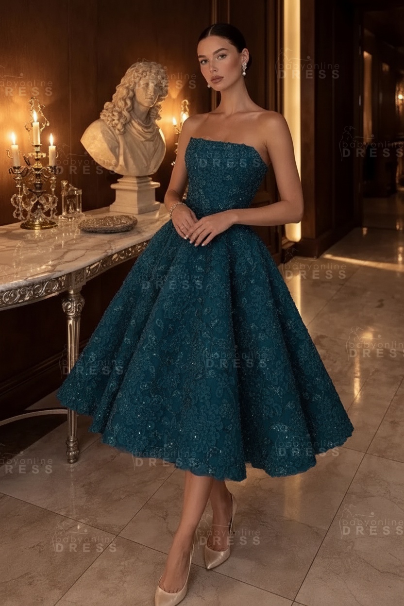 Strapless Yellow Floral A-Line Tea Length Prom Dress with Beadings