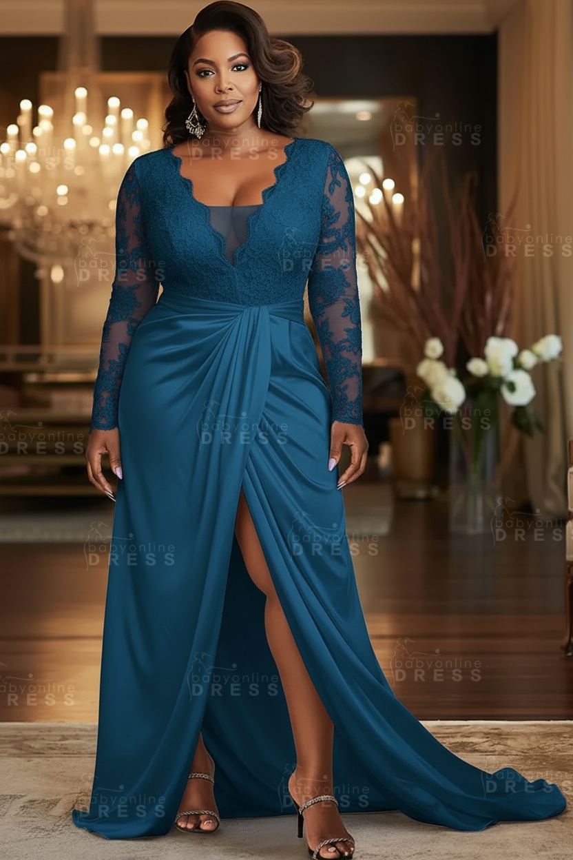 V-neck Appliques Lace Long Sleeve A-Line Prom Dresses with Slit