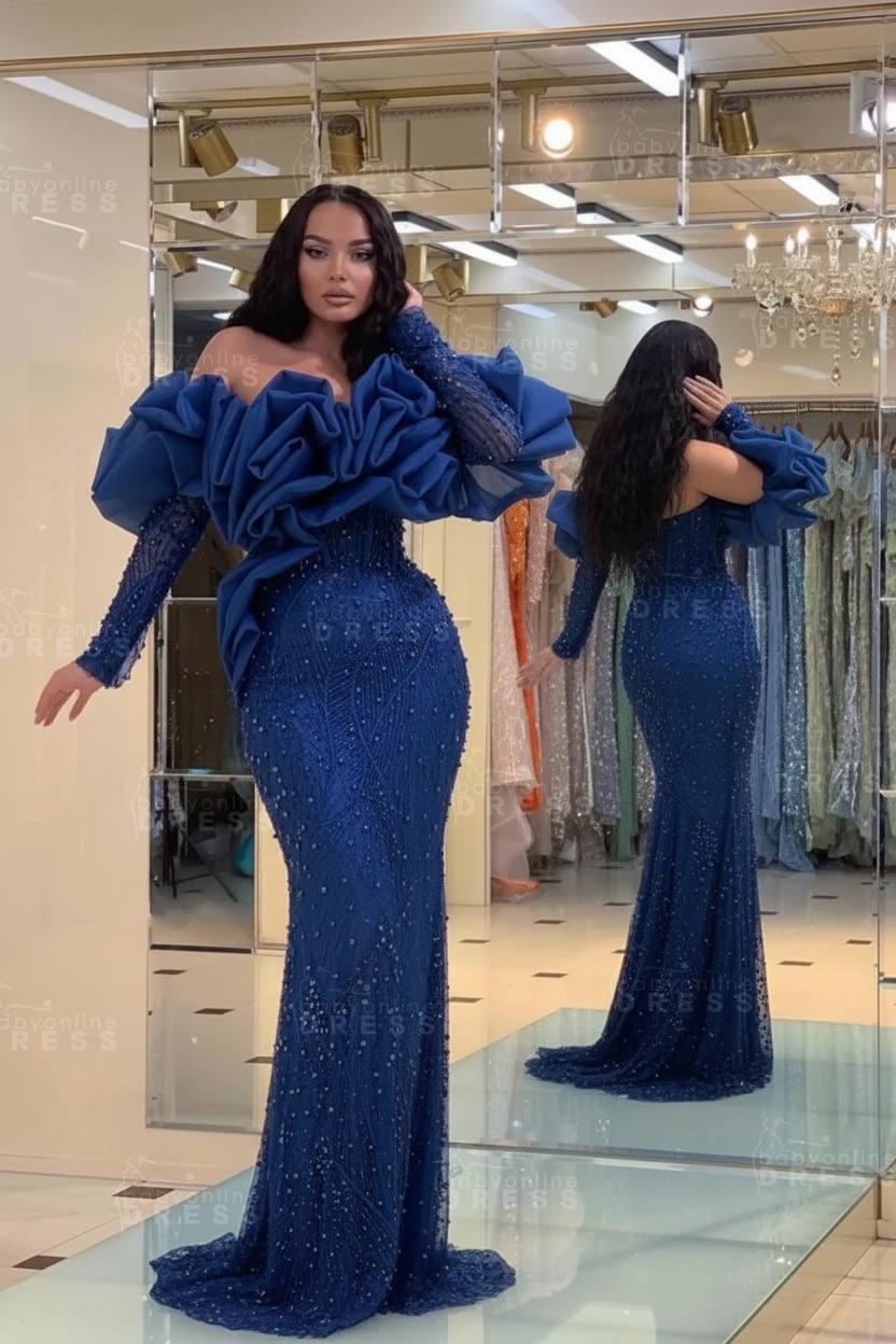 Bubble Sleeves Long Mermaid Prom Dress with Sequins and Beadings