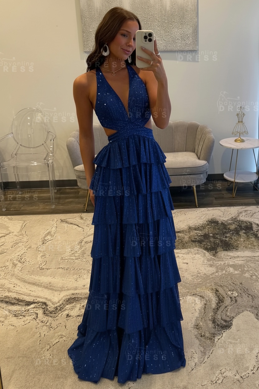 Halter Aline Prom Dress Sequined V-Neck High Split Evening Dress Long