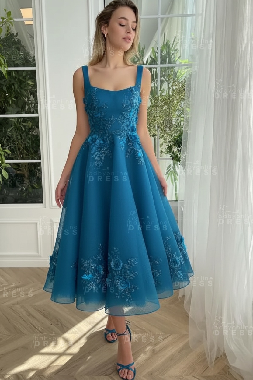 Burgundy Ankle length square neck Homecoming Dress Tulle Aline Formal Dress