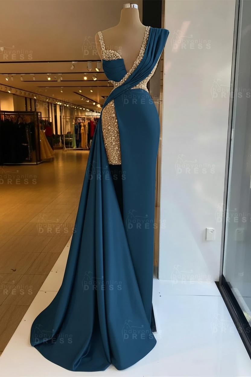 Luxury Satin Prom Dress Sleeveless with Sequins Sleeveless Evening Gown