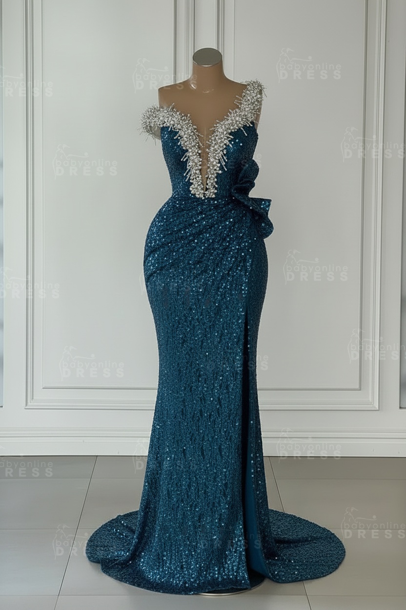 One Shoulder Sequins Sleeveless Long Mermaid Prom Dress