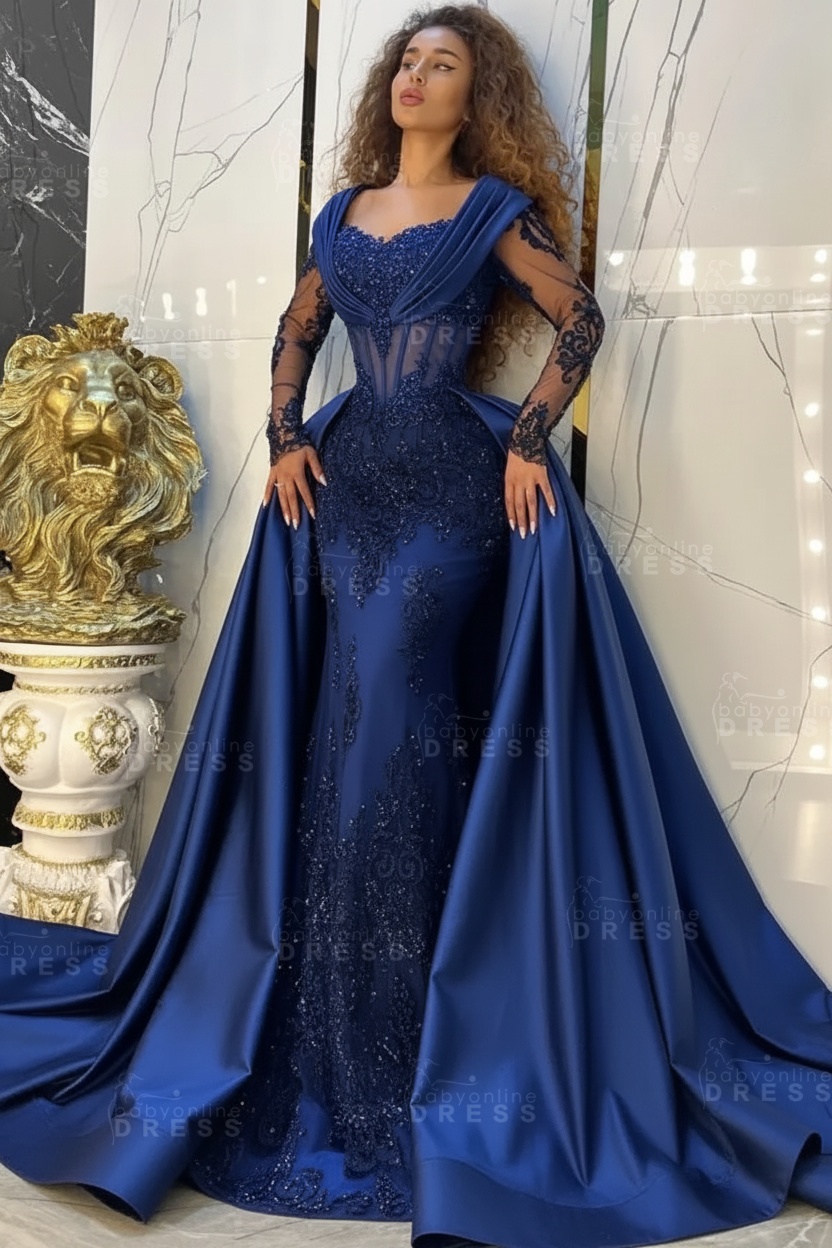 Gorgeous Sweetheart Appliques Lace A-Line Prom Dresses Long Sleeve Chapel Train