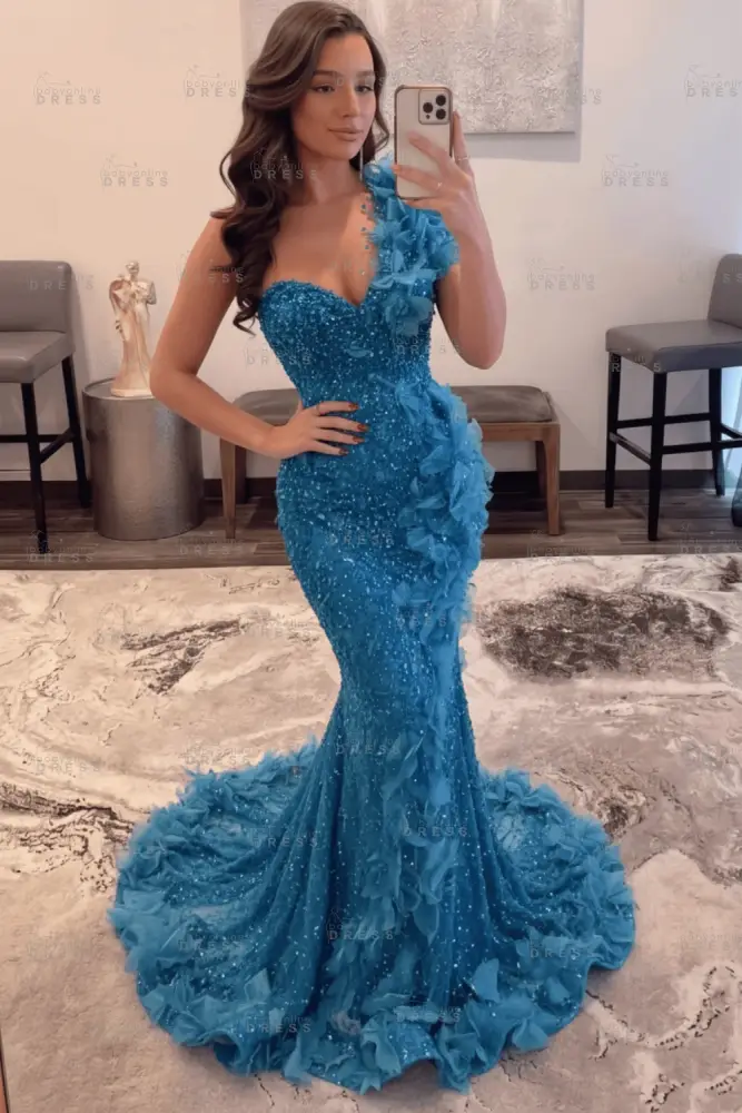 Luxury One Shoulder Sequins Mermaid Prom Dress with Beadings Evening Gown Appliques