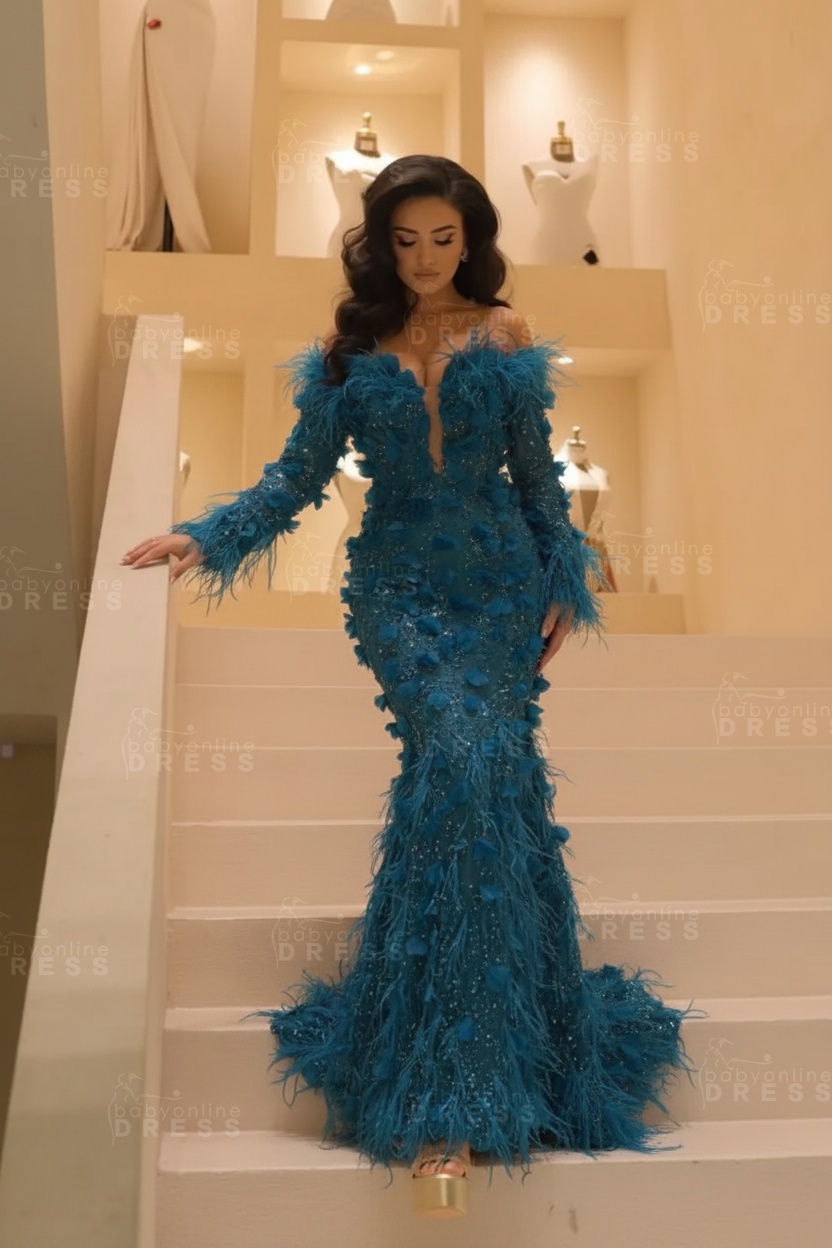 V-neck Long Sleeves Mermaid Evening Dresses Floor Length with Flowers