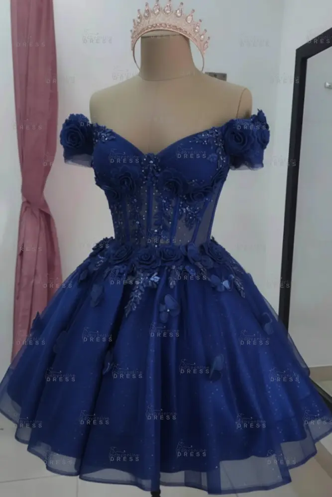 Ocean Blue Sparkly Off Shoulder Tulle Homecoming Dresses Short
