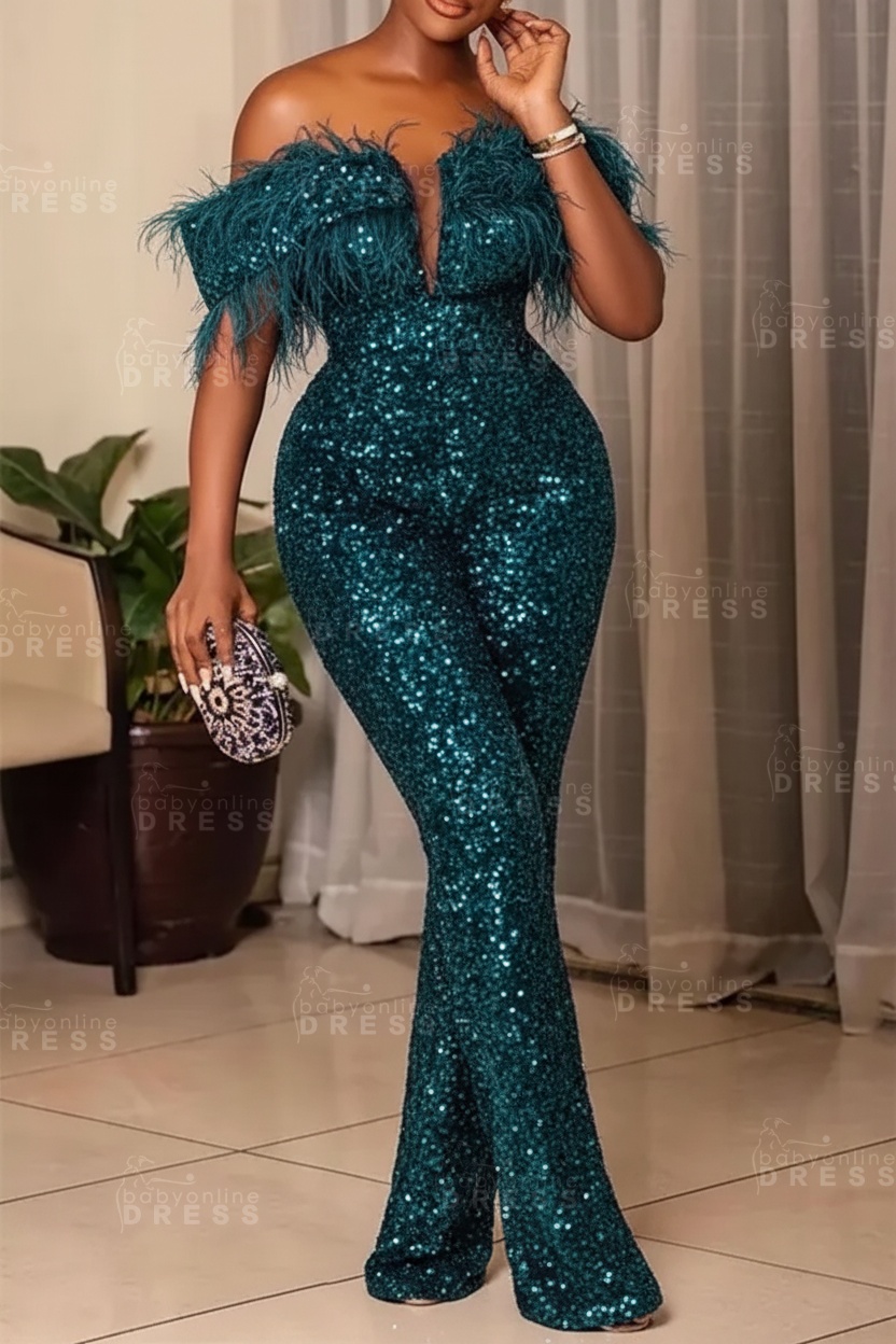 Plus Size Off Shoulder Sequin Women Jumpsuit Black Long Party Jumpsuits
