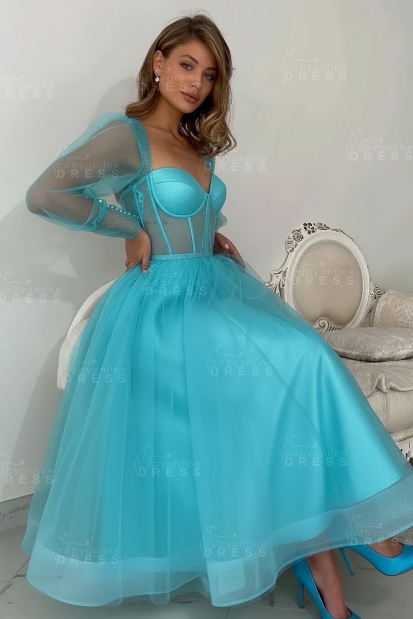 Long sleeves Pink See through Tulle Homecoming Dresses Aline