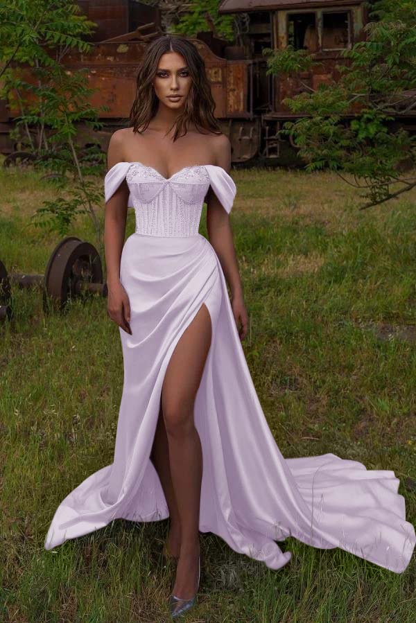 Off Shoulder Sequins Evening Maxi Dress with Side Split Floor Length Prom dress