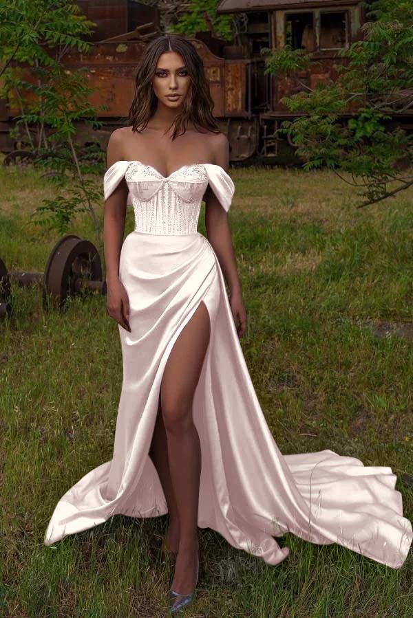 Off Shoulder Sequins Evening Maxi Dress with Side Split Floor Length Prom dress