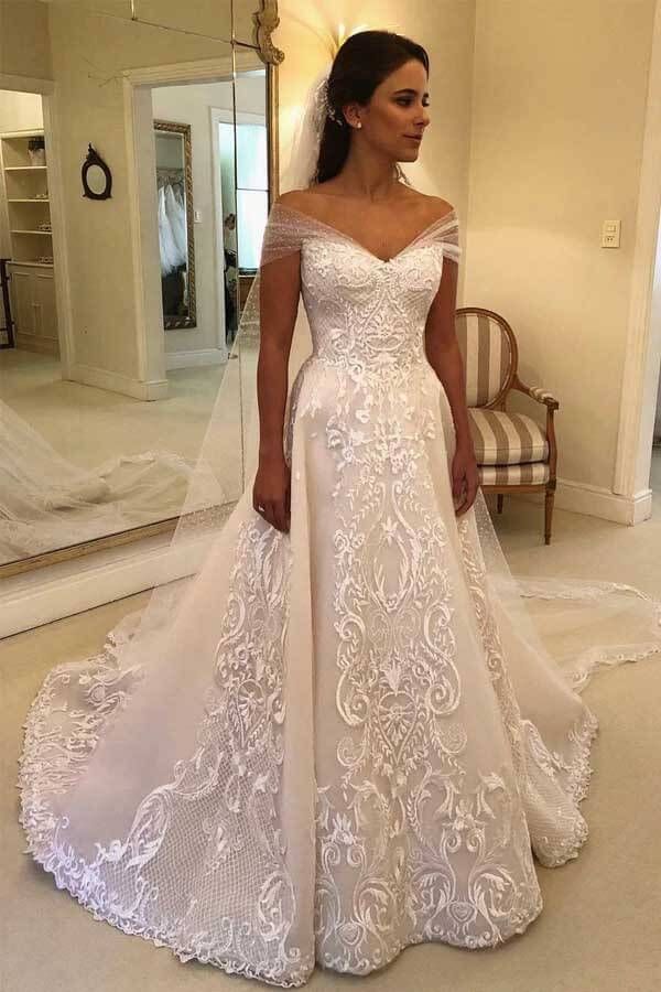  Off Shoulder White Floral Lace Appliques Bridal Gown Romantic Wedding Dress
