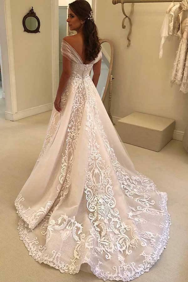  Off Shoulder White Floral Lace Appliques Bridal Gown Romantic Wedding Dress