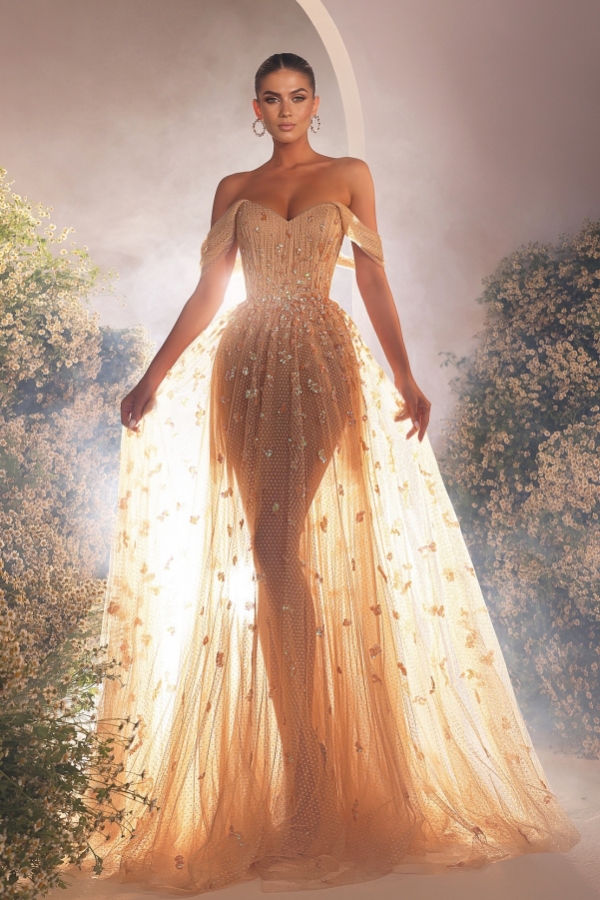 Off the shoulder Champange Tulle Mermaid Prom Dresses