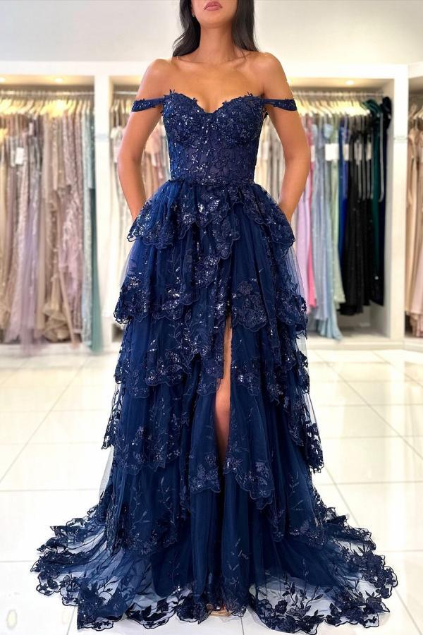 Off the shoulder Dark Navy Ruffles Lace Prom Dresses