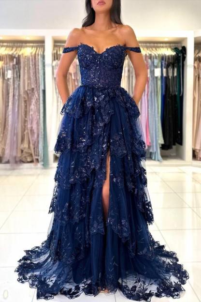 Off the shoulder Dark Navy Ruffles Lace Prom Dresses