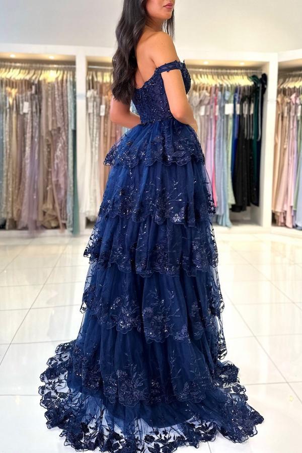 Off the shoulder Dark Navy Ruffles Lace Prom Dresses