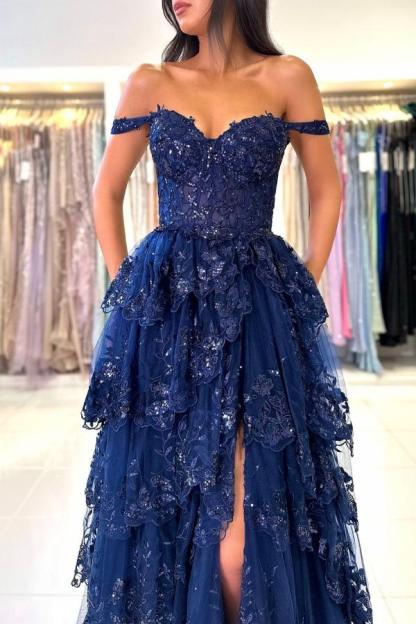 Off the shoulder Dark Navy Ruffles Lace Prom Dresses