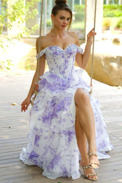 Off-the-Shoulder Floral Print Evening Dress Long with Front Split - Evening Dresses